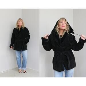 1990's Vintage Custom Tailored Suede & Faux Fur Belted Parka Coat Women's LG XL